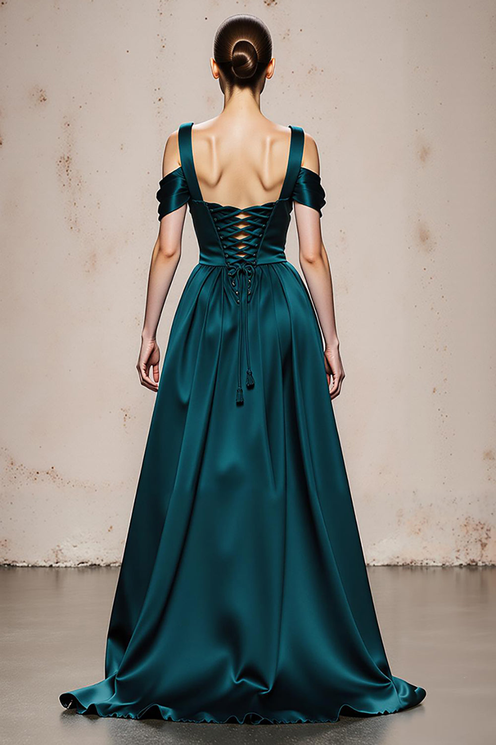 Peacock Blue A-Line Cold Shoulder Satin Evening Dress