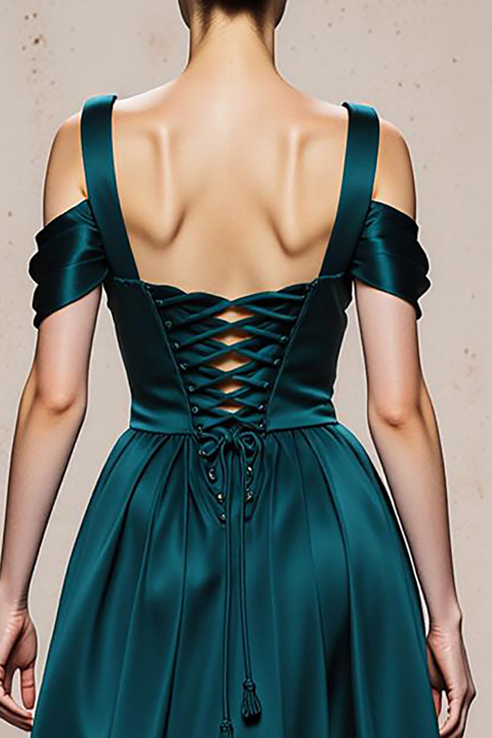 Peacock Blue A-Line Cold Shoulder Satin Evening Dress