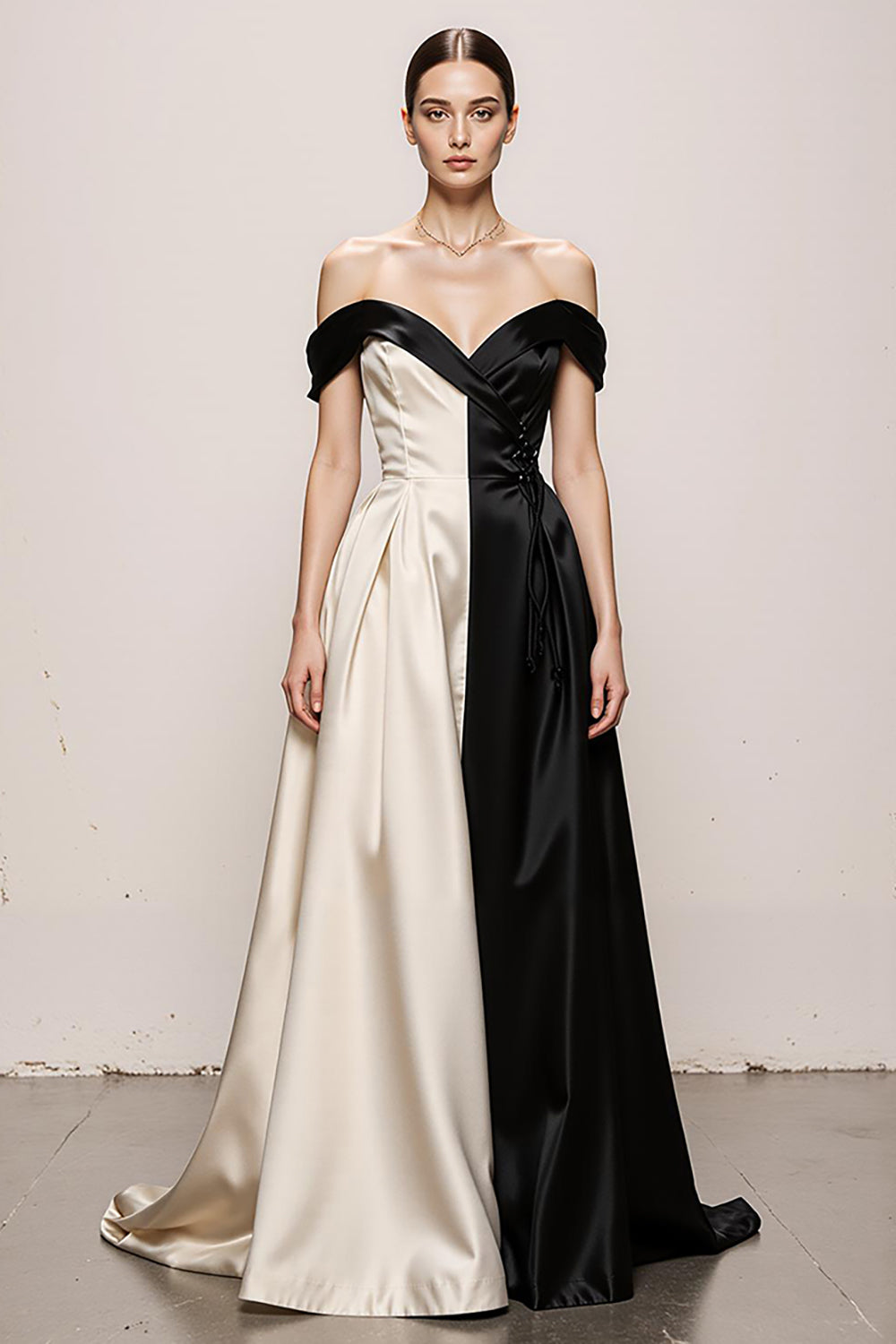 Black and White A-Line Off The Shoulder Satin Evening Dress