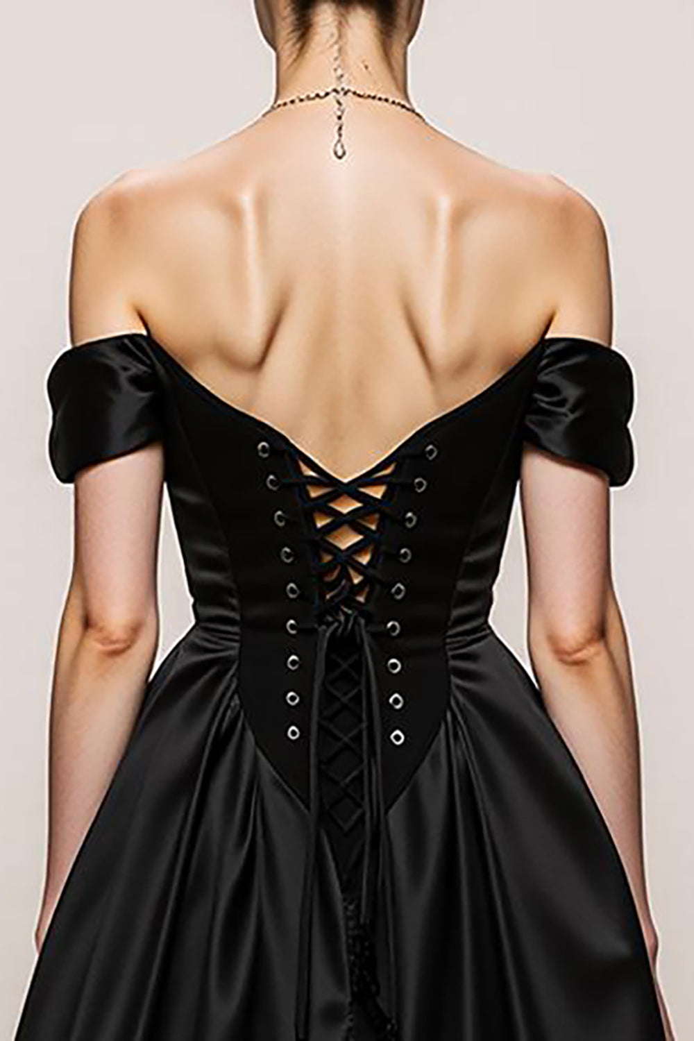 Black and White A-Line Off The Shoulder Satin Evening Dress