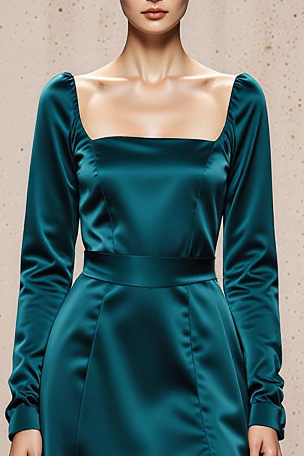 Peacock Blue A-Line Long Sleeve Satin Evening Dress With Slit