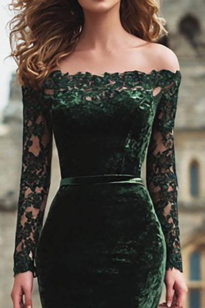 Berylove Women Dark Green Holiday Dress With Long Sleeves Mermaid Lace