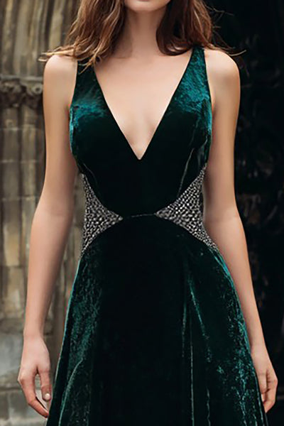 Berylove Women Dark Green Holiday Dress A-Line V-Neck Velvet Maxi