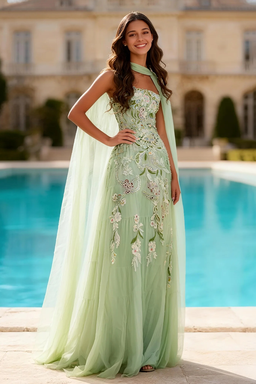 Dusty Sage Strapless A-Line Prom Dress With Appliques