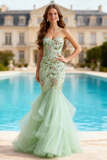Mermaid Dusty Sage Halter Ruffled Prom Dress With Embroidery