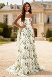 Strapless Green Print Flower A-Line Prom Dress