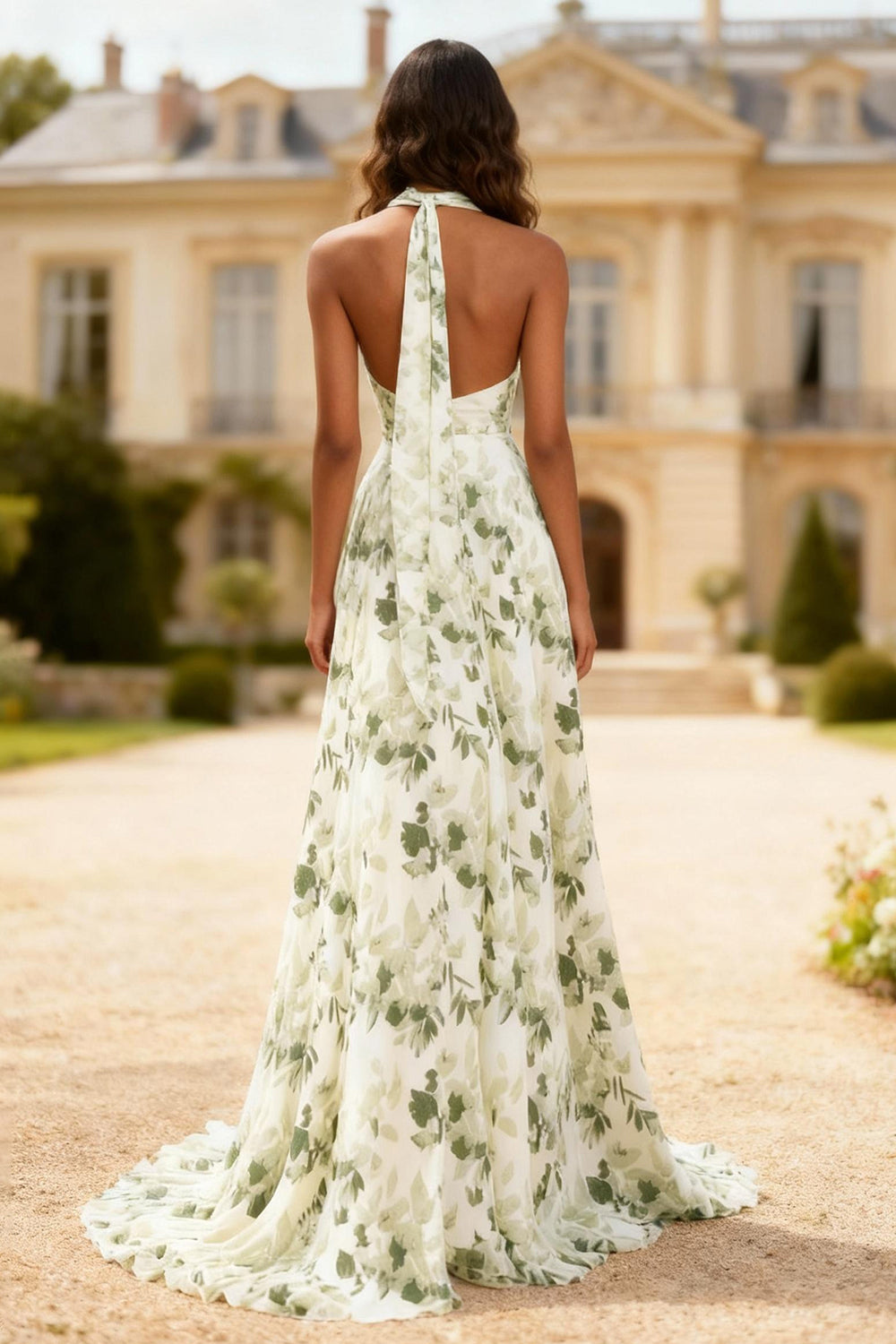 Strapless Green Print Flower A-Line Prom Dress