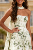 Strapless Green Print Flower A-Line Prom Dress