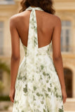 Strapless Green Print Flower A-Line Prom Dress