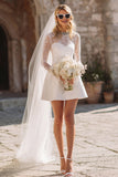 White Lace A-Line Courthouse Wedding Dress With Long Sleeves