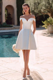 White A-Line Off The Shoulder Satin Bridal Shower Dress