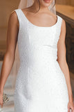 White Scoop Neck Mini Courthouse Wedding Dress