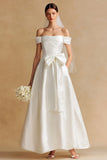 Off The Shoulder White A-Line Wedding Dress With Bow