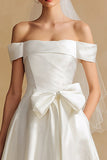 Off The Shoulder White A-Line Wedding Dress With Bow