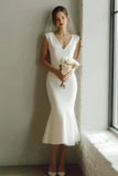 White Mermaid Satin V-Neck Midi Rehearsal Dinner Dress