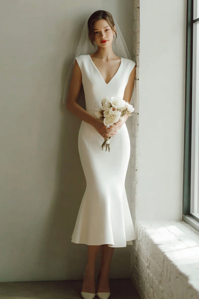 Berylove Women White Mermaid Rehearsal Dinner Dress Satin V-Neck Midi Bridal Shower Dress