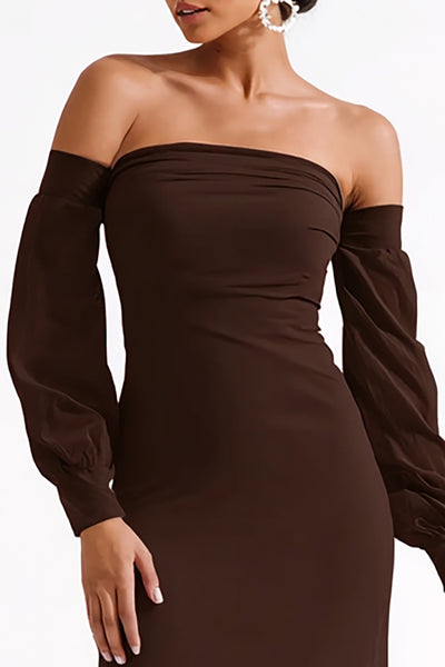 Berylove Women Dark Brown Satin Formal Dress Sheath Off The Shoulder