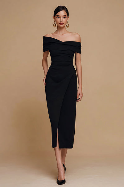 Berylove Women Off The Shoulder Semi-Formal Dress Satin Sheath Midi