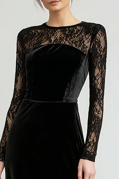 Berylove Women Velvet Black Tie Dress with Lace Long Sleeves Sheath