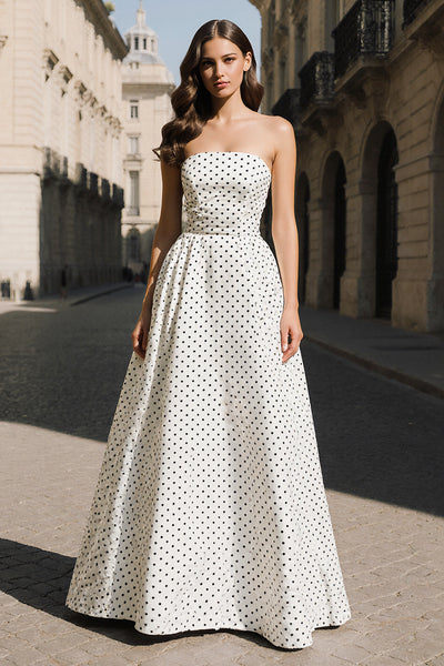Berylove Women White Black Polka Dot Prom Dress Strapless A Line Maxi Party Dress