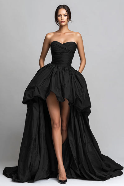 Berylove Women Strapless Prom Dress High Low Black Ruched Elegant Party Dress Berylove Women Strapless Prom Dress High Low Black Ruched Elegant Party Dress