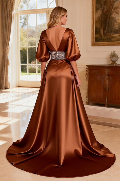 Berylove Women Bronze Evening Dress With Beading A-Line Satin V-Neck Half  Sleeve Maxi Formal Dress With Slit