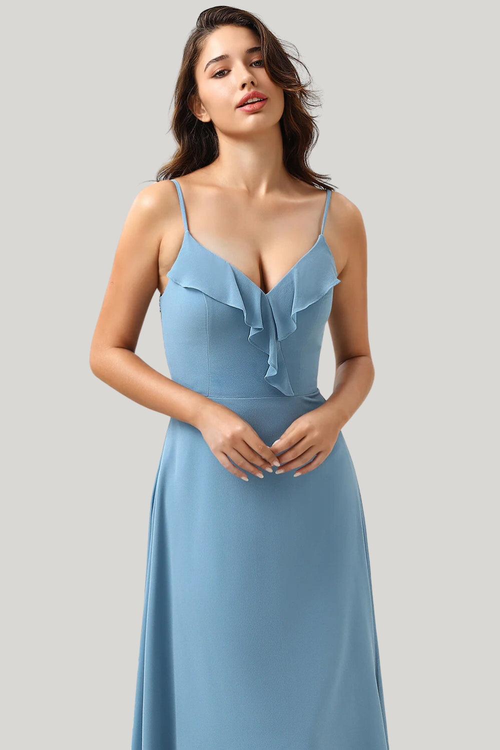 A Line Spaghetti Straps Ruffled Grey Blue Maxi Dress with Criss Cross Back