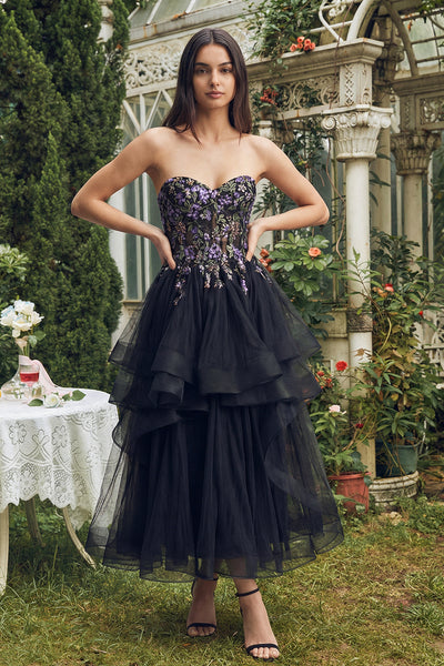 Berylove Women Black Strapless Wedding Guest Dress Embroidered Corset A