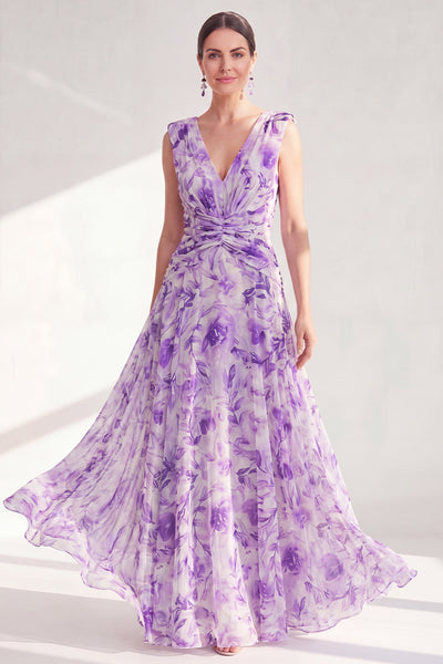 purple print bridesmaid dress Berylove Women Purple Mother of the Bride Dress Printed Ruched A Line Maxi Wedding Guest Dress, Purple / custom