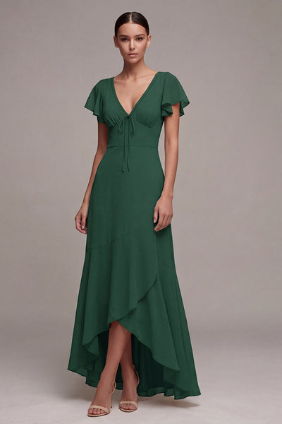 Berylove Women High Low Formal Dress Dark Green A Line V Neck Maxi Party Dress with Flutter Sleeves, Dark Green / custom