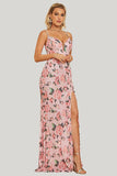 Sheath Flower Printed Blush A Line Maxi Dress with Slit