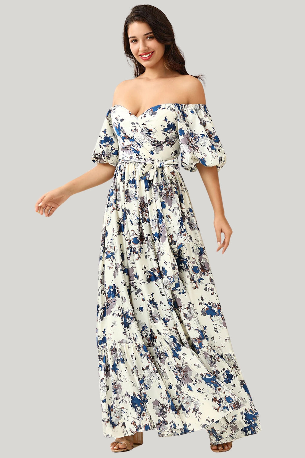 White Blue Flower A Line Off the Shoulder Long Maxi Dress