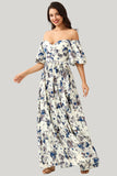 White Blue Flower A Line Off the Shoulder Long Maxi Dress