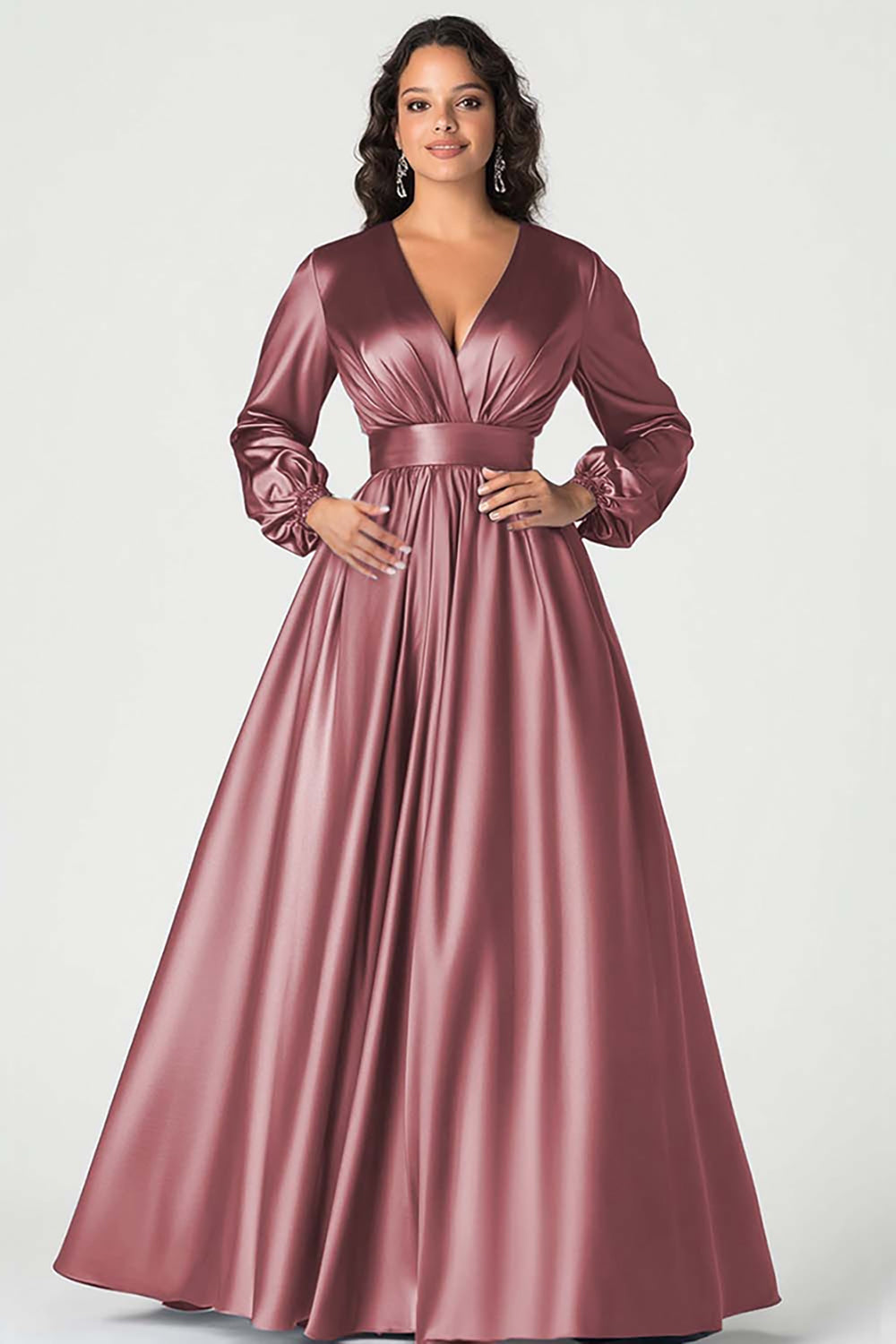 Grey Blue A Line V Neck Mother of the Bride Dress with Long Sleeves