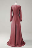 Eucalyptus Satin Round Neck Modest Bridesmaid Dress with Long Sleeves