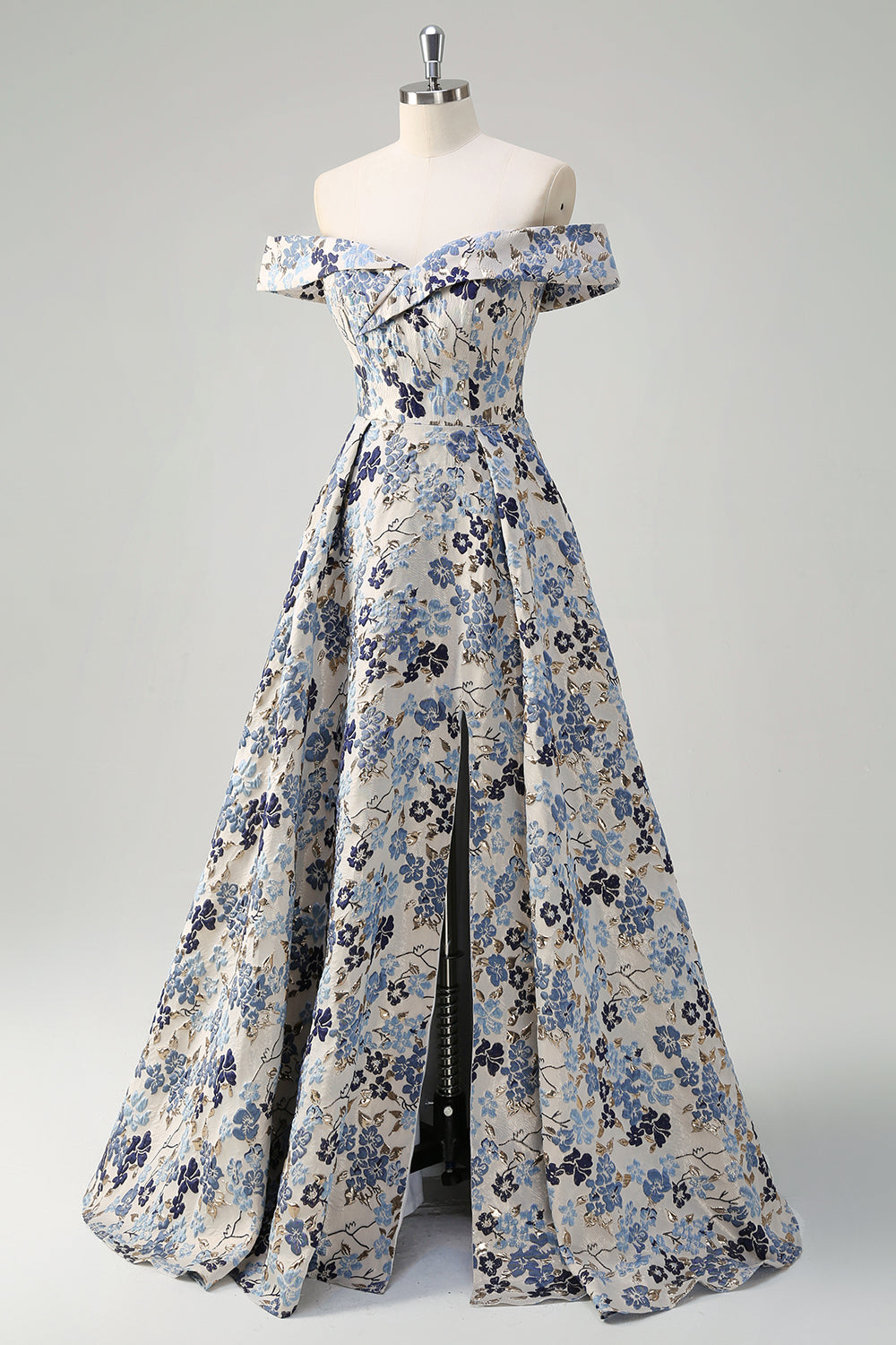 Elegant Blue Flower Pleated Off the Shoulder A Line Prom Dress with Slit