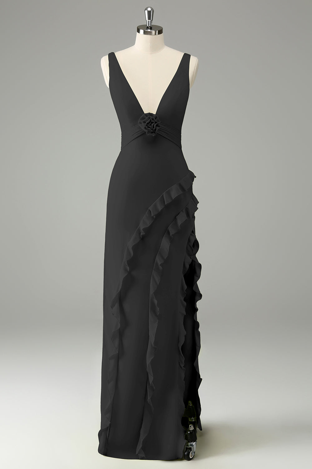 Lemon Sheath Deep V Neck Ruffles Maxi Dress with Slit