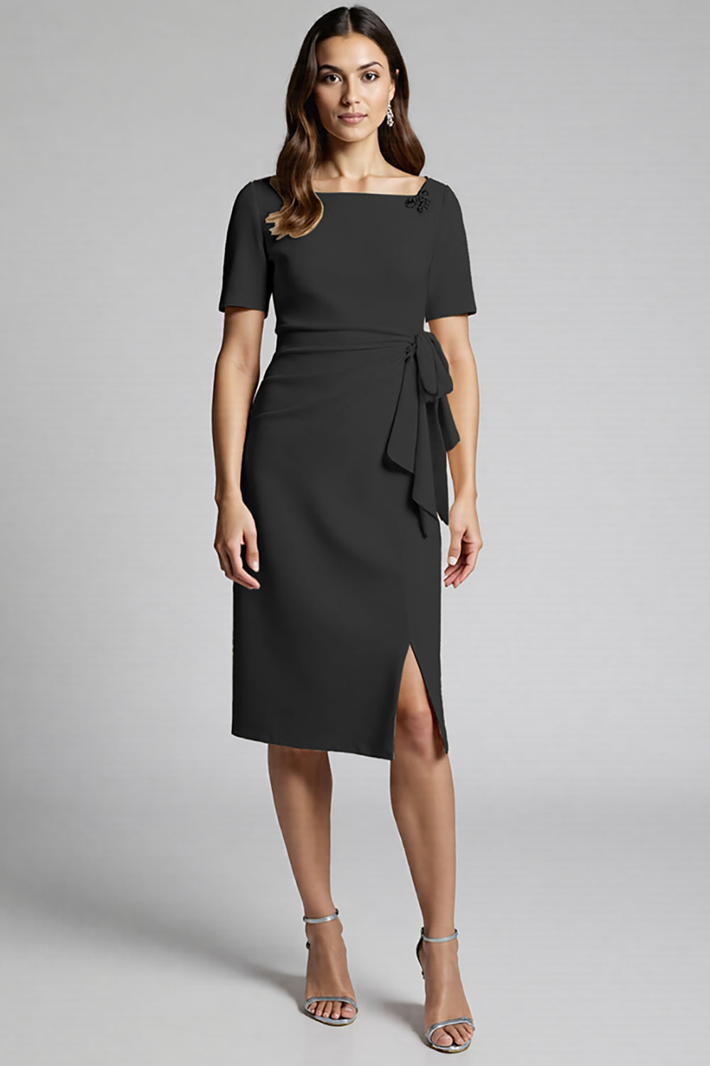 Ruffled Champagne Sheath Midi Dress with Slit