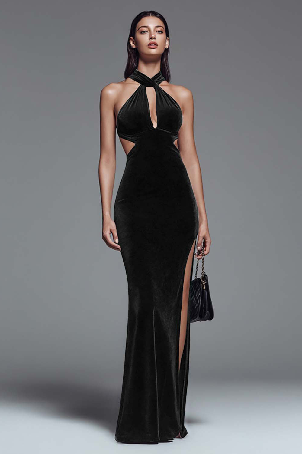 Dark Green Halter Mermaid Cut Out Velvet Formal Dress With Slit