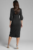 Navy V-Neck Sheath Midi Dress with 3/4 Sleeves