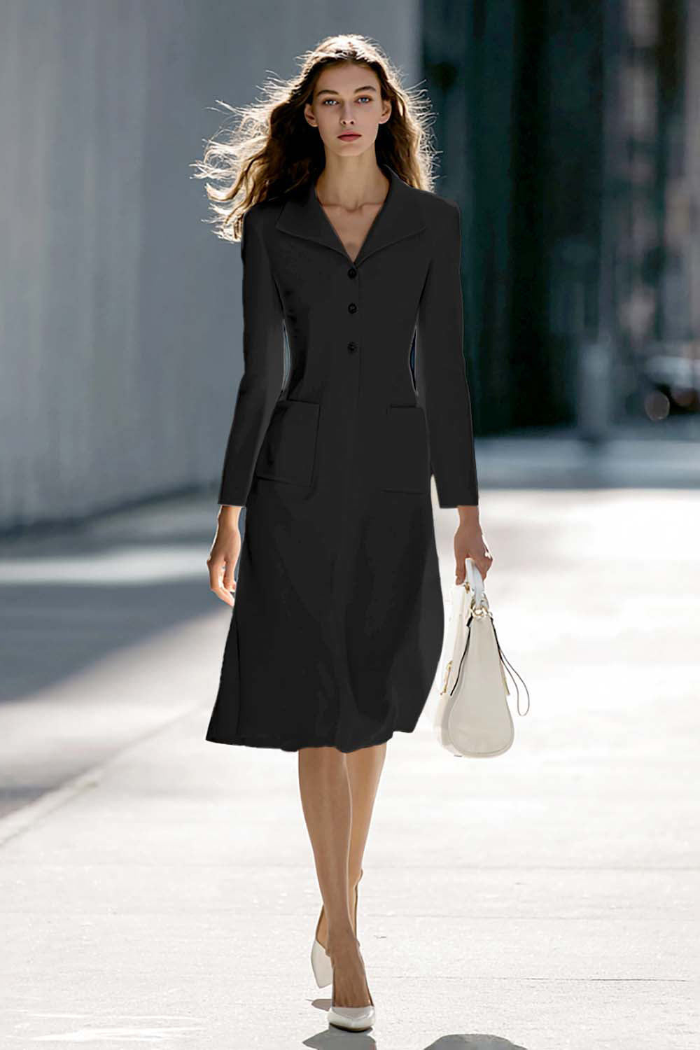 A-Line Long Sleeve Ivory Work Dress With Pockets