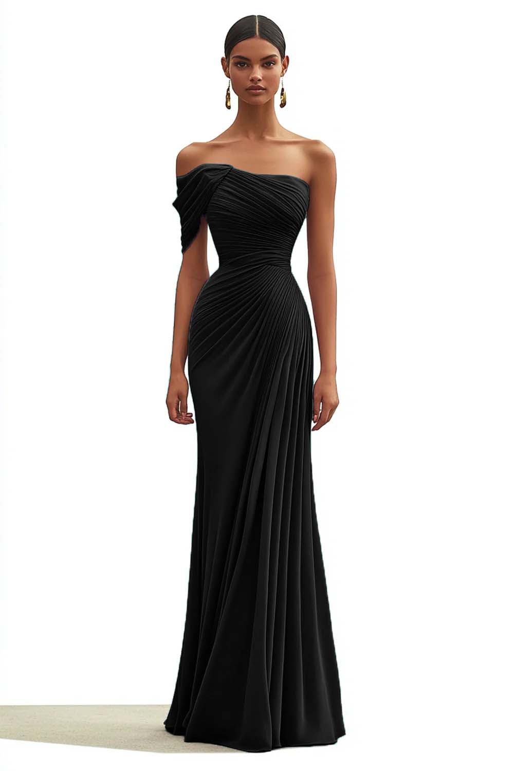 Dark Green One Shoulder Sheath Pleated Long Formal Dress