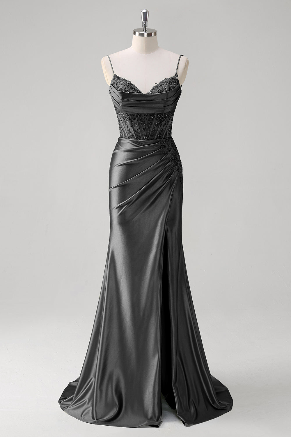 Green Appliqued Corset Ruched Mermaid Prom Dress with Slit