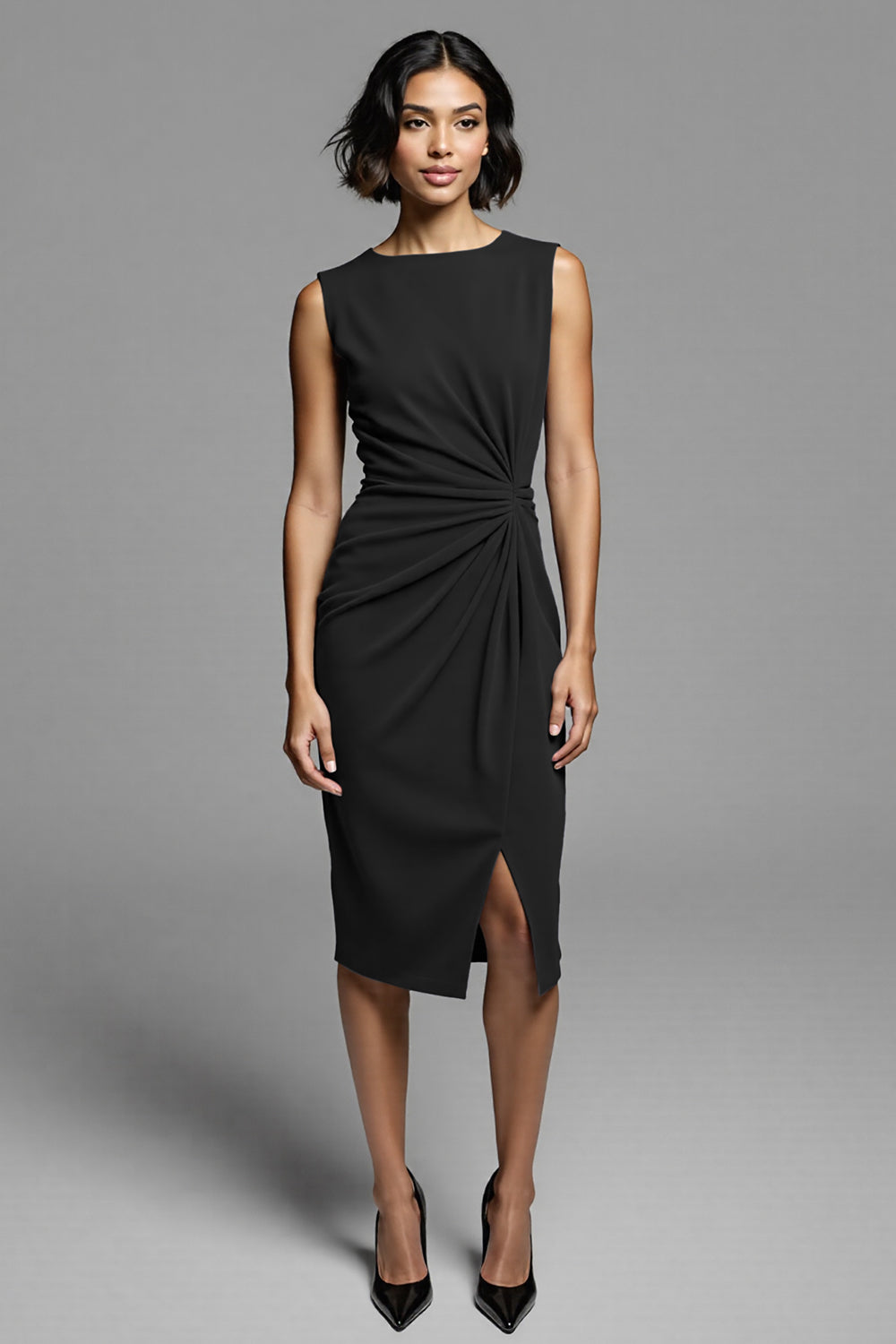 Grey Ruched Midi Dress with Slit