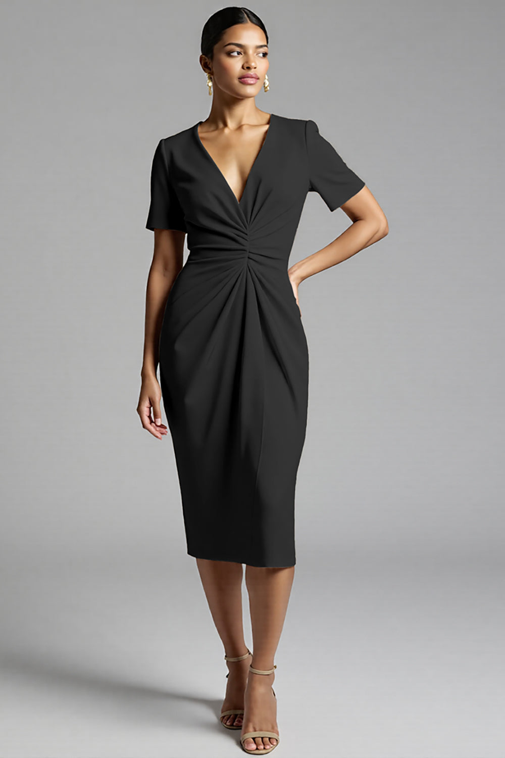 Ruched Champagne Bodycon Midi Dress
