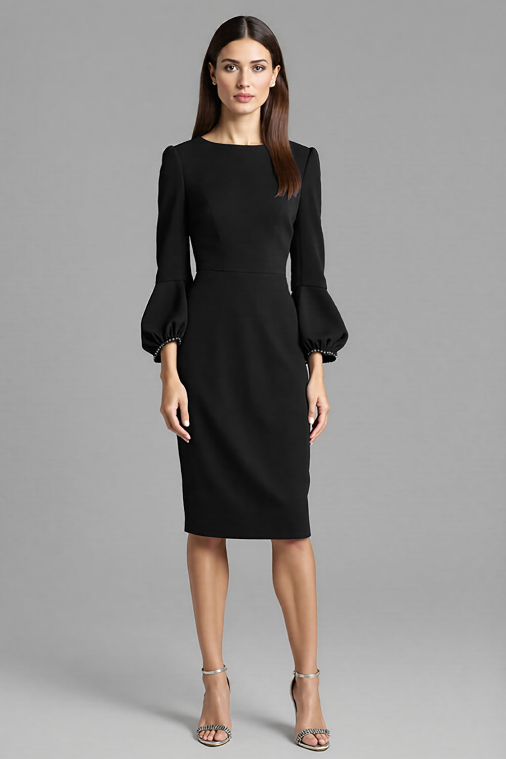 Navy Sheath 3/4 Sleeve Midi Dress