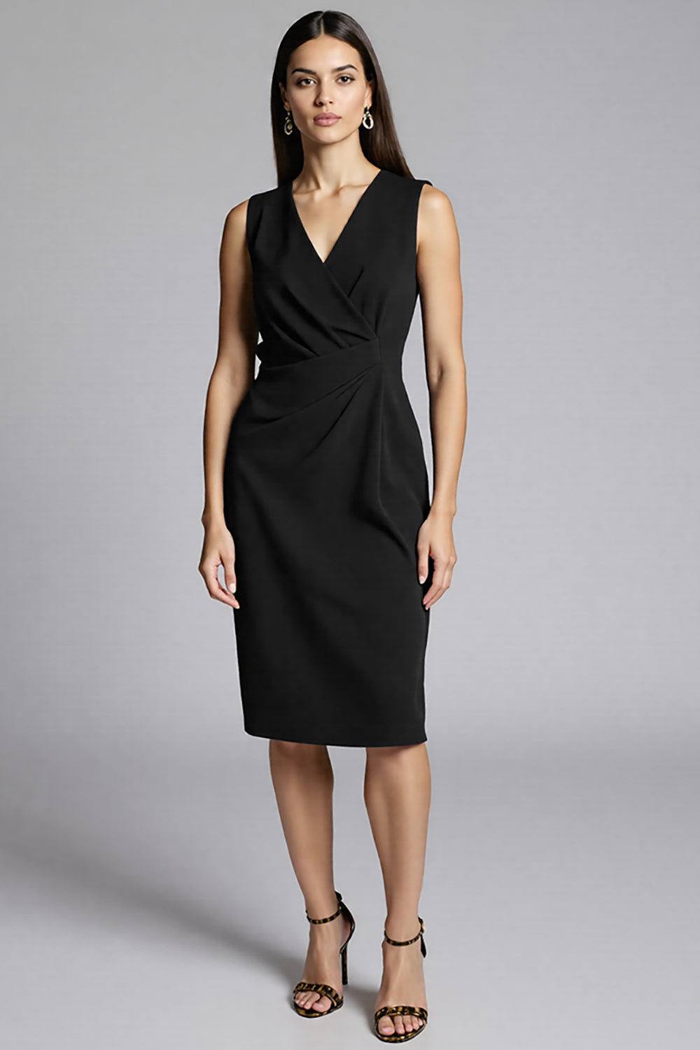 Navy Sheath V-Neck Midi Dress