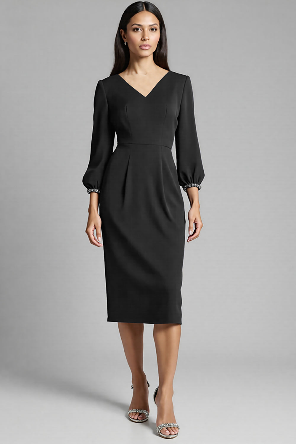 Navy V-Neck Sheath Midi Dress with 3/4 Sleeves