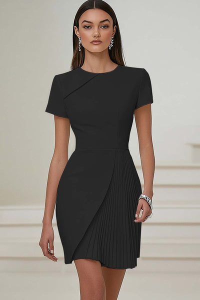 Berylove Women Ivory Pleated Work Dress with Short Sleeves Bodycon Round Neck Graduation Dress, Black / US10 Berylove Women Ivory Pleated Work Dress with Short Sleeves Bodycon Round Neck Graduation Dress, Black / US10