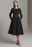 Ivory Long Sleeve A-Line Round Neck Midi Work Dress With Belt